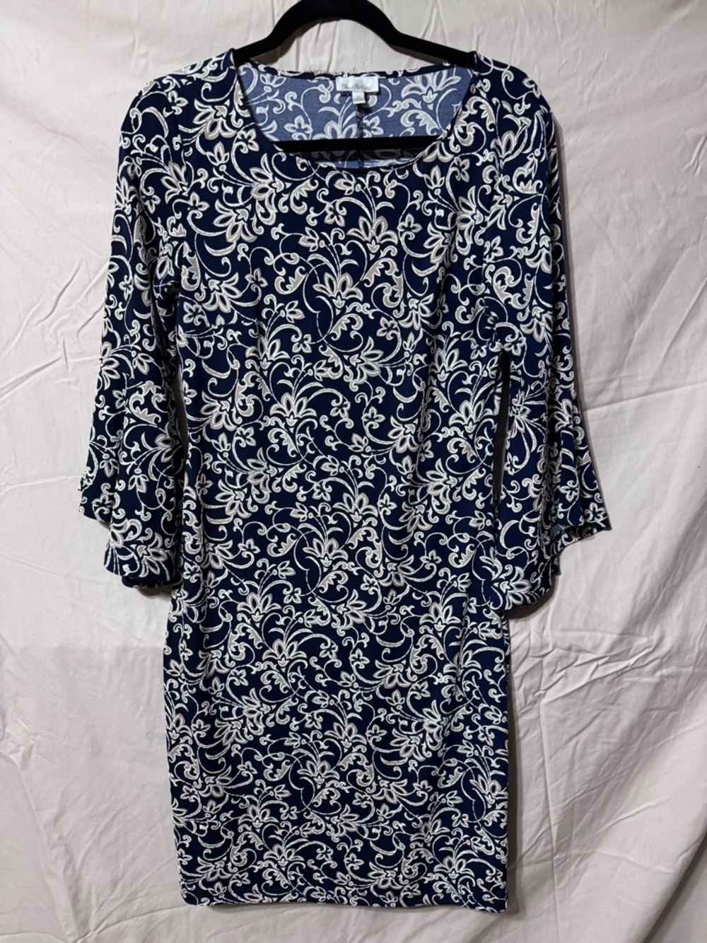 Olivia Matthews Navy and White Scroll-Print Midi Dress